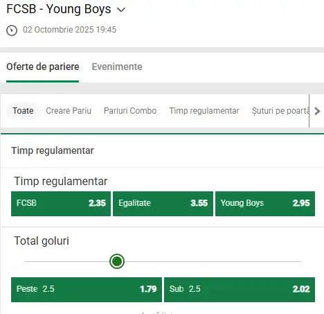 Cote Pariuri FCSB - Young Boys oferite de Unibet