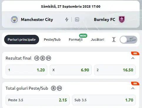 Cote Pariuri Manchester City - Burnley la Betano
