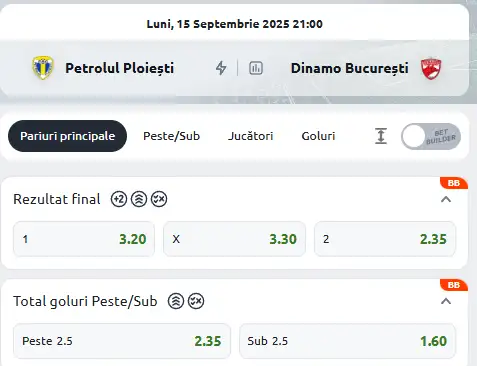 Cote Pariuri Petrolul Ploiești vs Dinamo la Betano