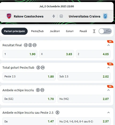 Cote pariuri Rakow vs Universitatea Craiova oferite de Betano