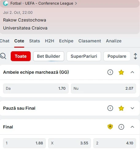 Cote pariuri Rakow vs Universitatea Craiova de la Superbet