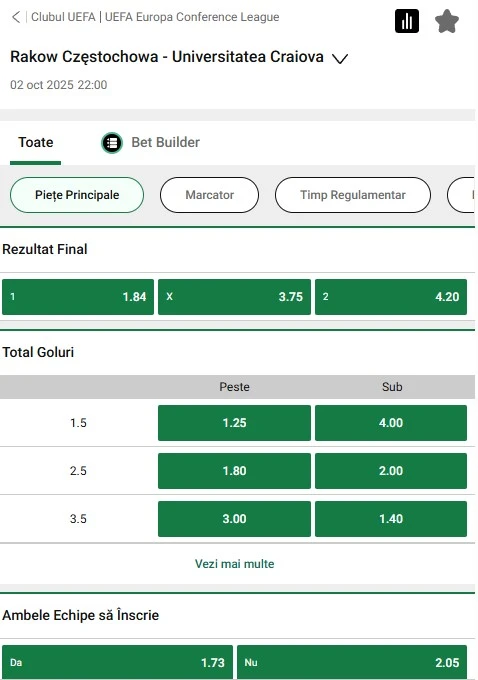 Cote pariuri Rakow vs Universitatea Craiova la Unibet