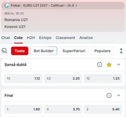 Cote Pariuri România U21 vs Kosovo U21 la Superbet