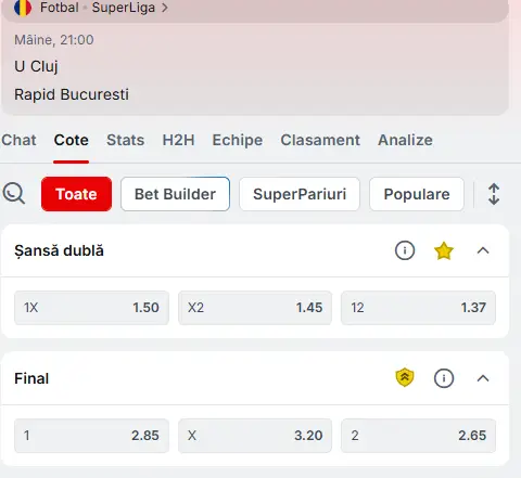 Cote Pariuri U Cluj - Rapid la Superbet