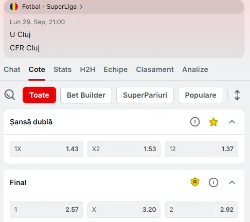 Cote Pariuri U Cluj vs CFR Cluj la Superbet