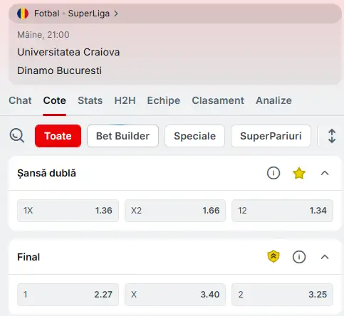 Cote Pariuri Universitatea Craiova - Dinamo la Superbet
