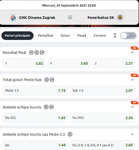 Cote pariuri Dinamo Zagreb vs Fenerbahce