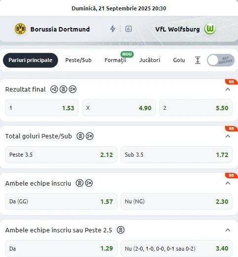 Cote pariuri Dortmund - Wolfsburg