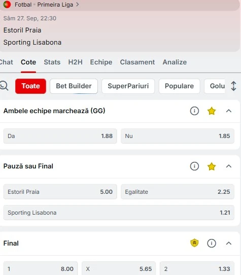 Cote pariuri Estoril vs Sporting