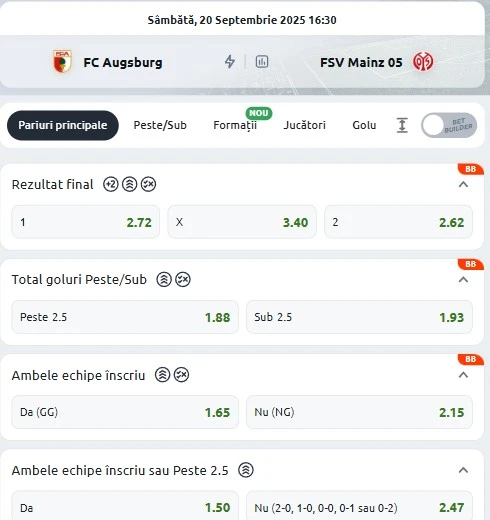 Cote pariuri FC Augsburg - Mainz