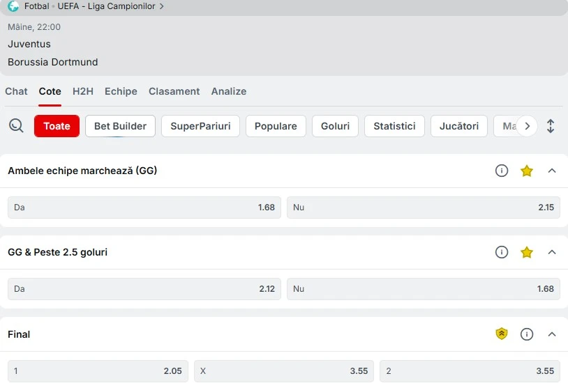Cote pariuri Juventus - Dortmund