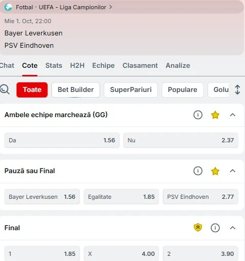 Cote pariuri Leverkusen - PSV