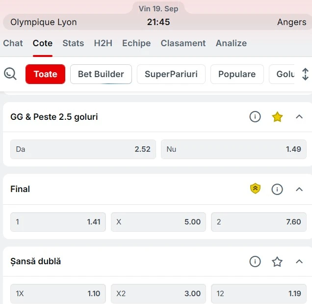 Cote pariuri Lyon - Angers