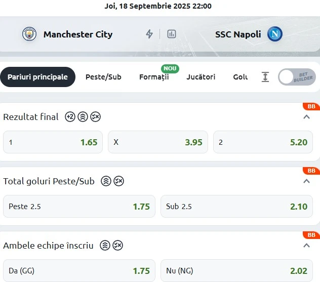 Cote pariuri Manchester City vs Napoli