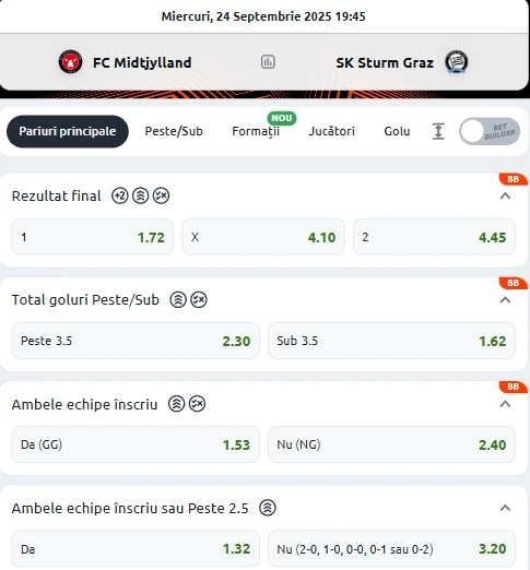 Cote pariuri Midtjylland vs Sturm Graz