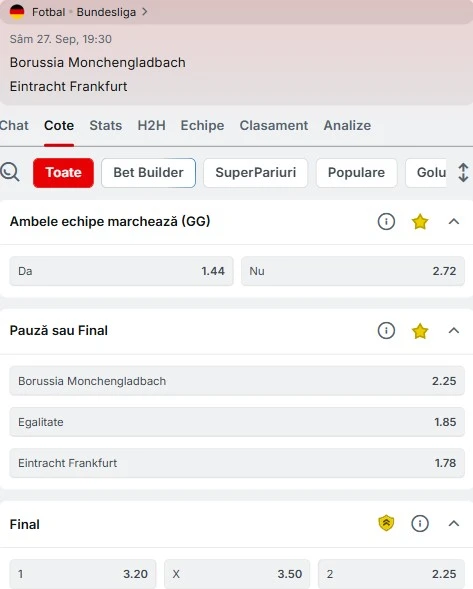 Cote pariuri Monchengladbach - Frankfurt