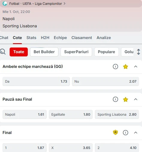 Cote pariuri Napoli - Sporting