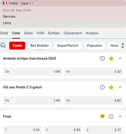 Cote pariuri Rennes vs Lens