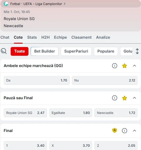 Cote pariuri Royale Union vs Newcastle