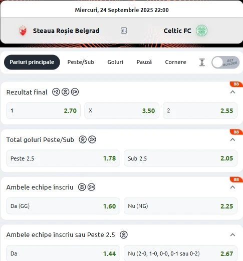 Cote pariuri Steaua Roșie vs Celtic