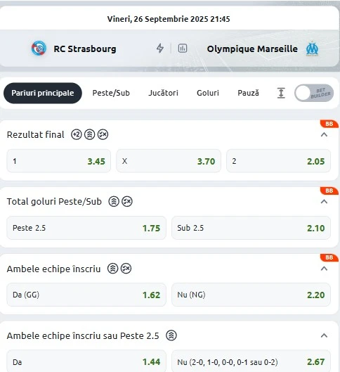 Cote pariuri Strasbourg vs Marseille