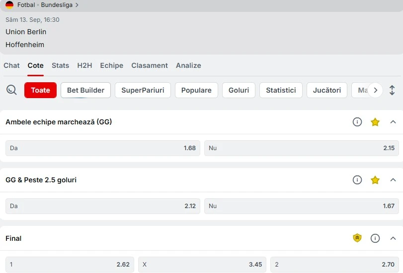 Cote pariuri Union Berlin - Hoffenheim