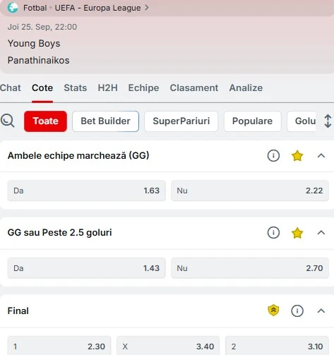Cote pariuri Young Boys vs Panathinaikos