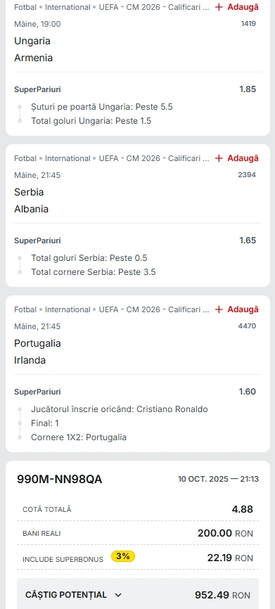 Biletul Zilei din Super Pariuri 11.10.2025