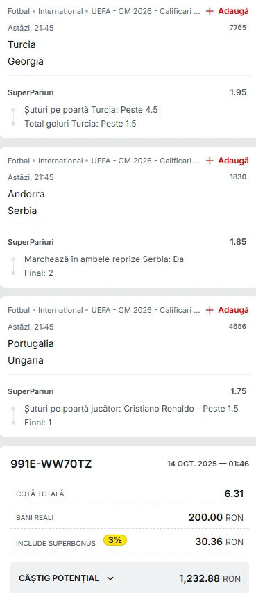 Biletul Zilei din Super Pariuri 14.10.2025