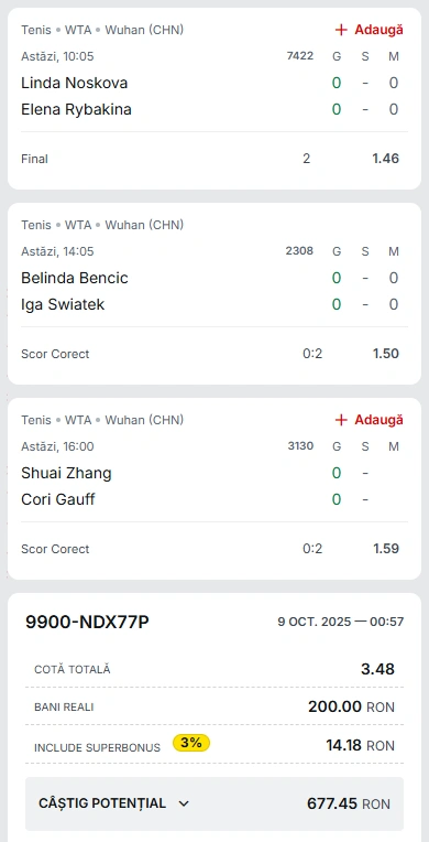 Biletul Zilei din Tenis 9 octombrie 2025