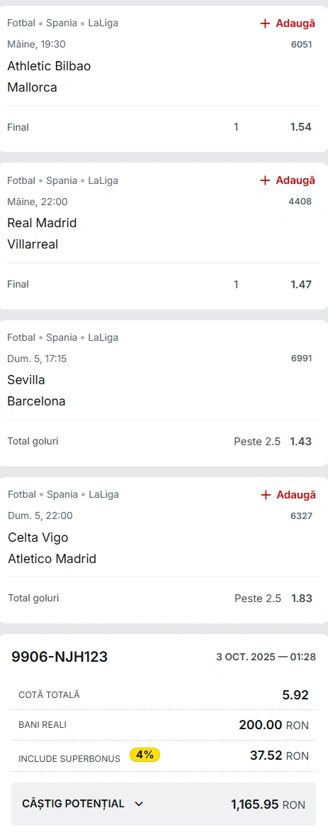Biletul etapei a opta din La Liga