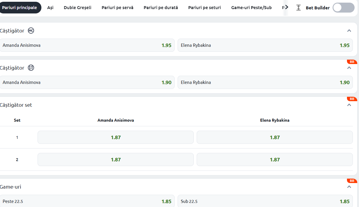 Cote Pariuri Amanda Anisimova vs Elena Rybakina