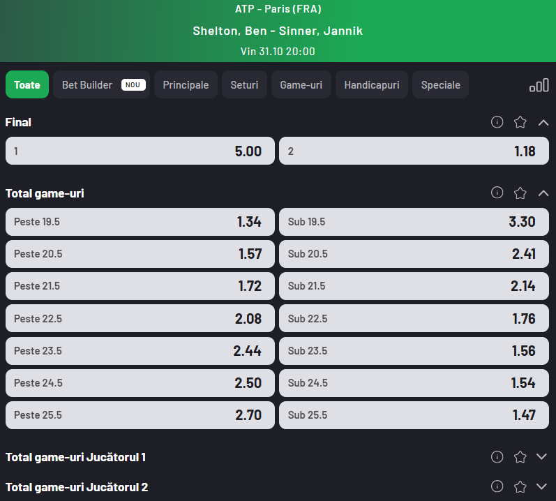 Cote Pariuri Ben Shelton vs Jannik Sinner