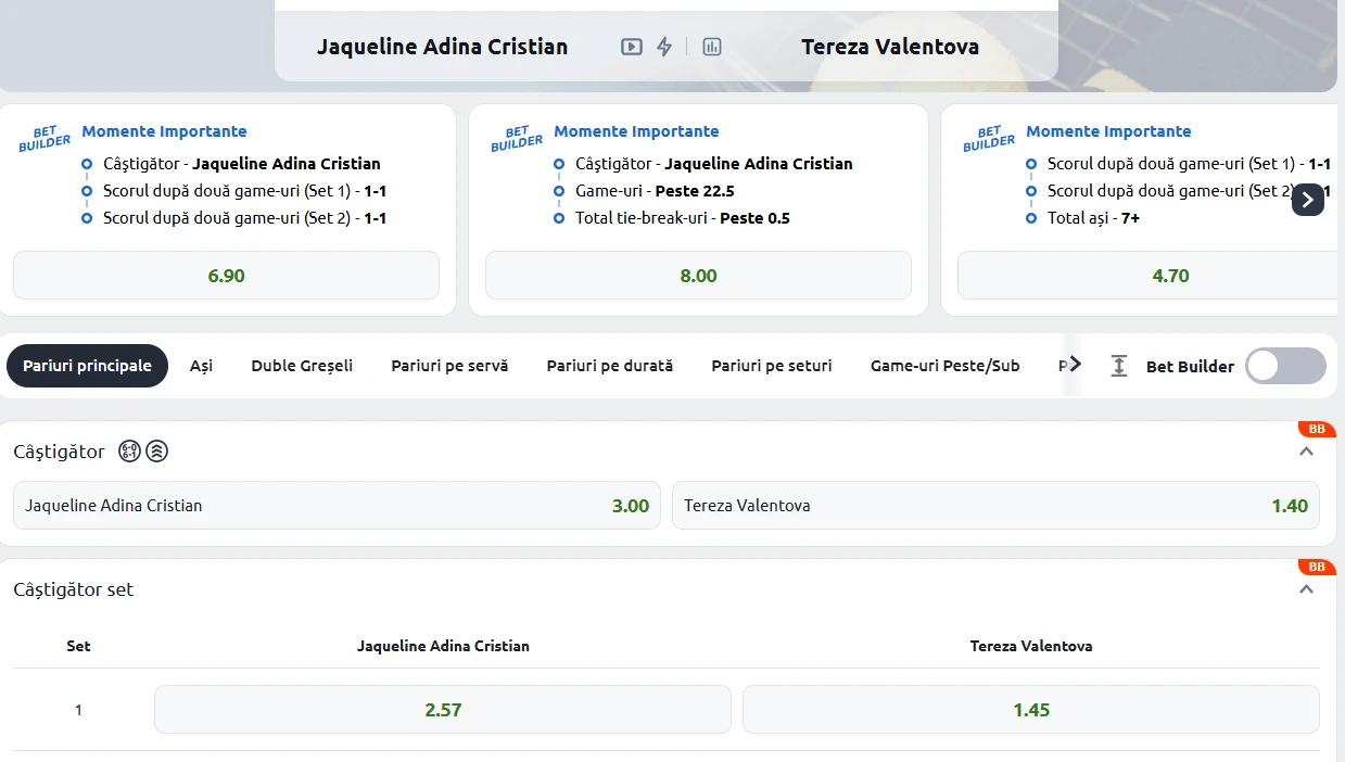 Cote Pariuri Jaqueline Cristian vs Tereza Valentova