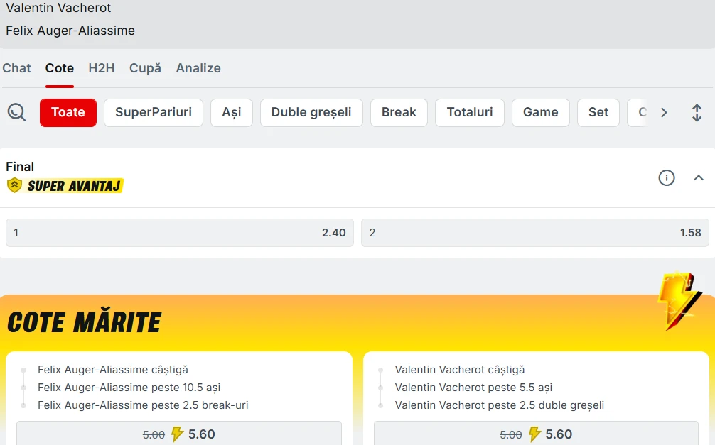 Cote Pariuri Valentin Vacherot vs Felix Auger-Aliassime