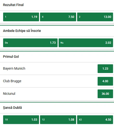 Cote pariuri Bayern Munchen vs Club Brugge la Unibet
