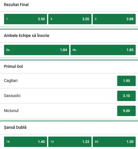 Cote pariuri Cagliari vs Sassuolo la Unibet