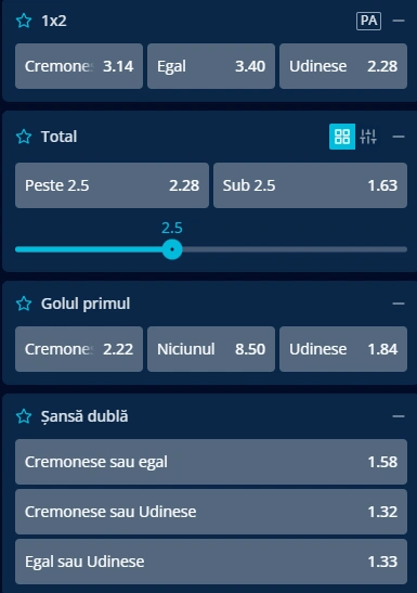 Cote pariuri Cremonese vs Udinese la Mr Bit