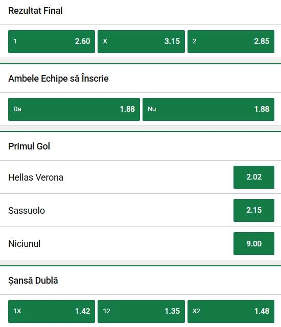 Cote pariuri Hellas Verona vs Sassuolo la Unibet