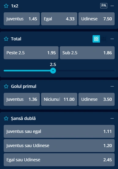 Cote pariuri Juventus vs Udinese la Mr Bit