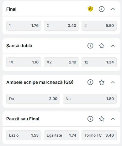 Cote pariuri Lazio vs Torino la Superbet