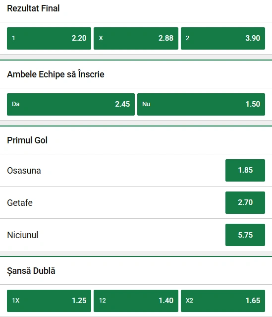 Cote pariuri Osasuna vs Getafe la Unibet