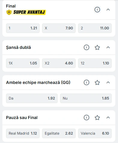 Cote pariuri Real Madrid vs Valencia la Superbet