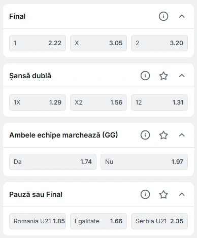 Cote pariuri Romania U21 vs Serbia U21 la Superbet