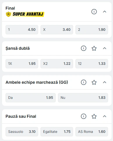 Cote pariuri Sassuolo vs AS Roma la Superbet