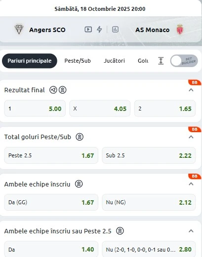 Cote pariuri Angers vs AS Monaco