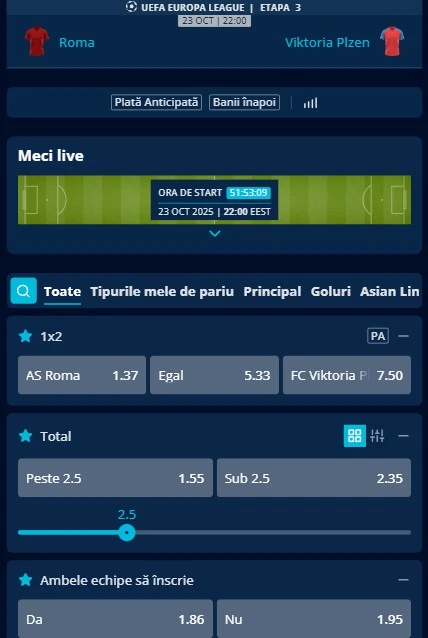 Cote pariuri AS Roma vs Plzen
