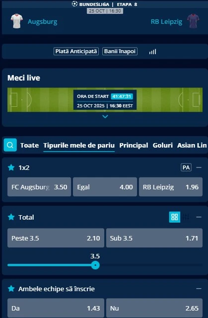 Cote pariuri Augsburg - RB Leipzig