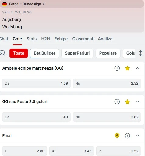 Cote pariuri Augsburg - Wolfsburg