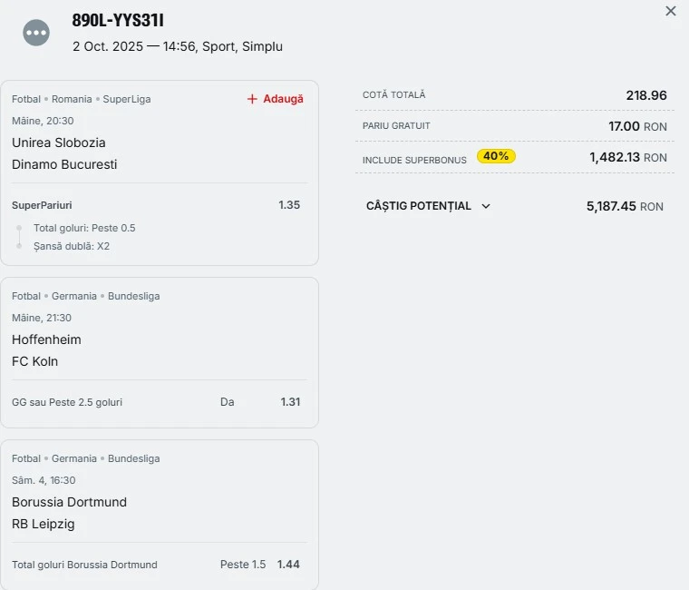 Bilet pariu șansă Superbet 03.10.2025